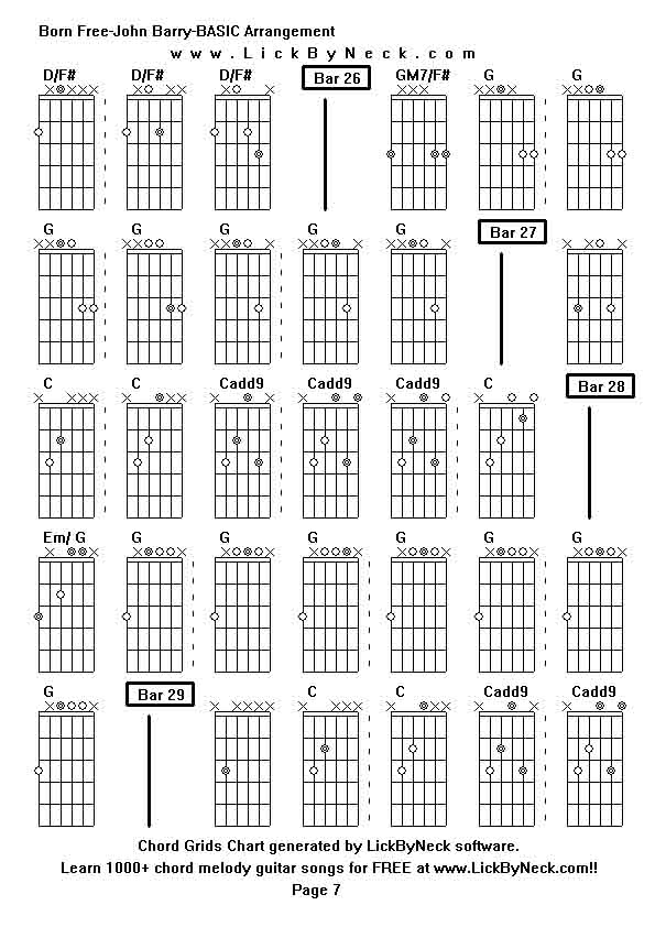 Chord Grids Chart of chord melody fingerstyle guitar song-Born Free-John Barry-BASIC Arrangement,generated by LickByNeck software.